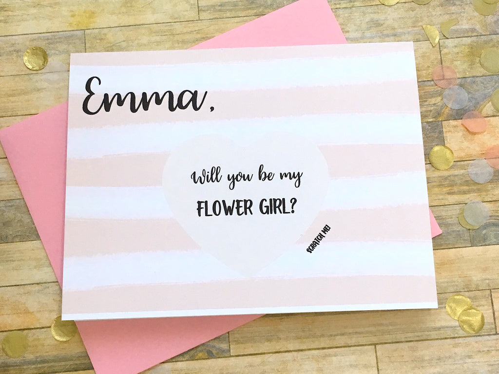 Pink Stripes Scratch Off Will You Be My Flower Girl Proposal Card Personalized