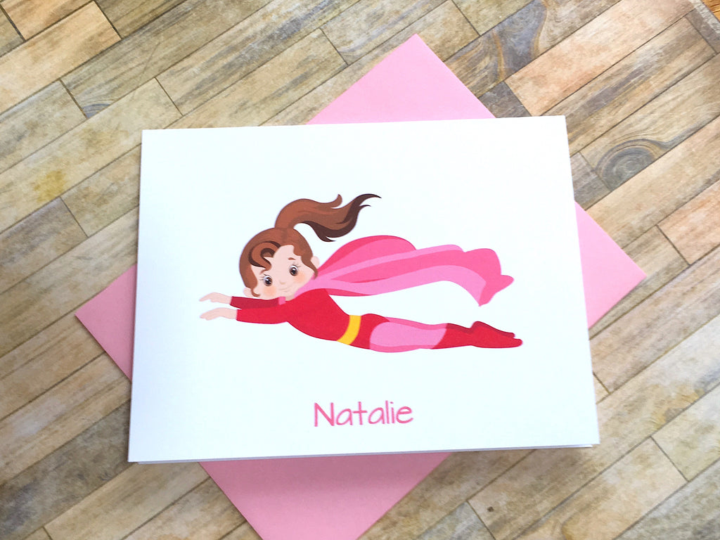 Brunette Super Girl Note Cards - Personalize Hair Color