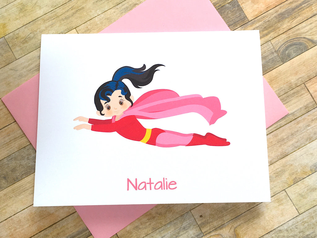 Brunette Super Girl Note Cards - Personalize Hair Color