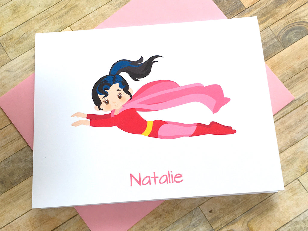 Brunette Super Girl Note Cards - Personalize Hair Color