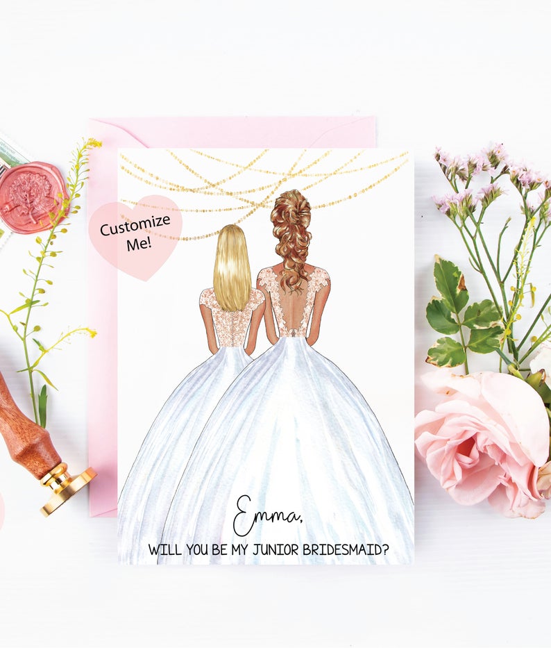 Will you be my junior bridesmaid? Personalized asking cards for your wedding day with custom portraits