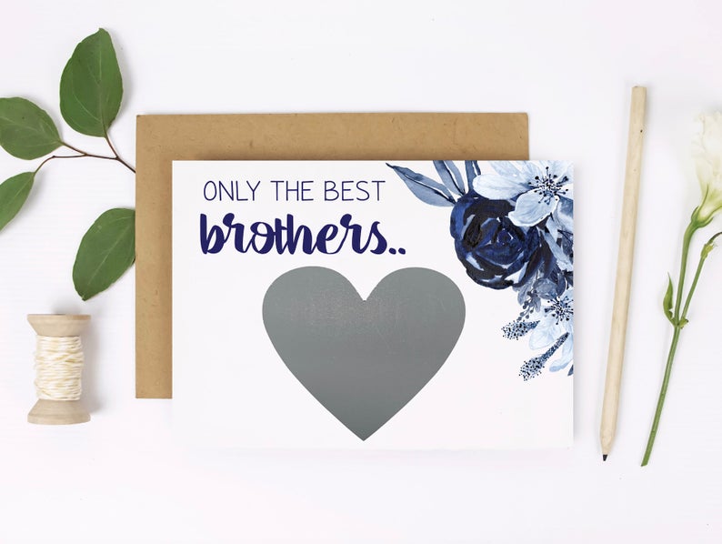 Navy floral pregnancy announcement with silver foil scratch off for brothers