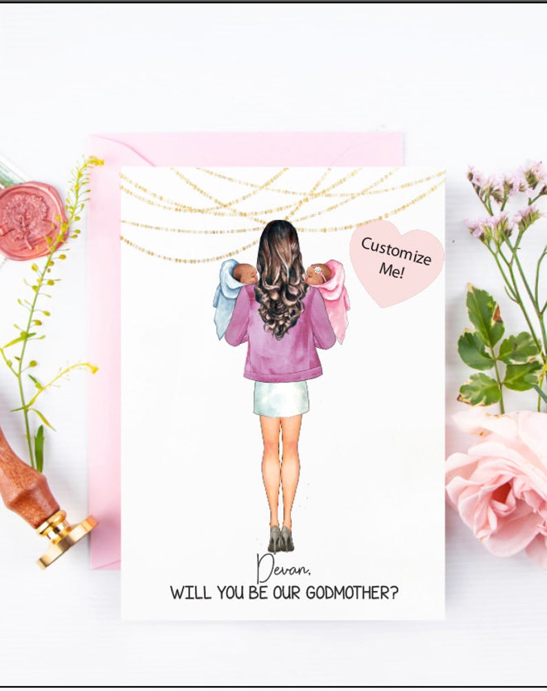Will you be our Godmother? Custom godmother proposal card for twin babies and best friend