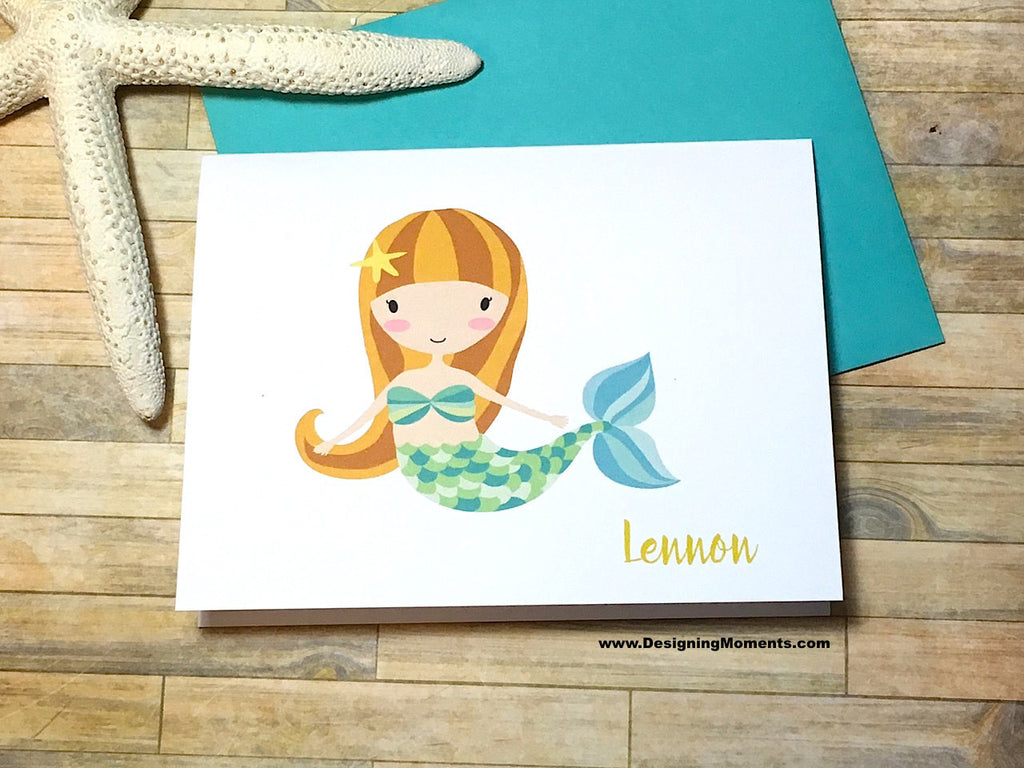 Green Mermaid Personalized Note Cards