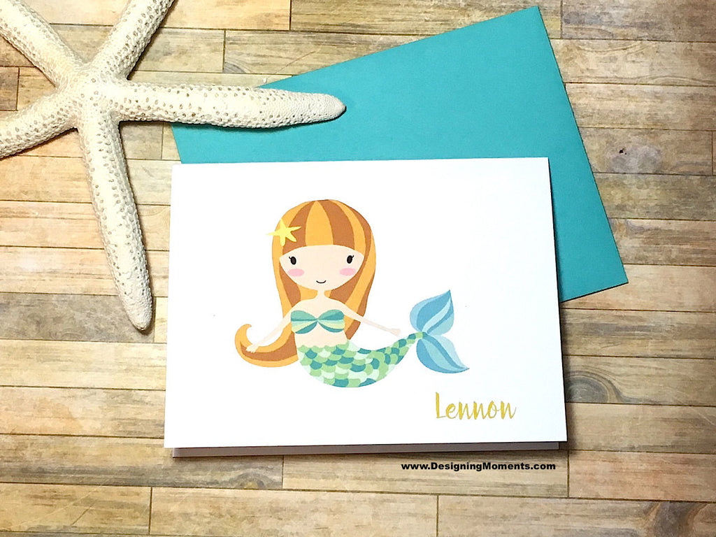 Green Mermaid Personalized Note Cards