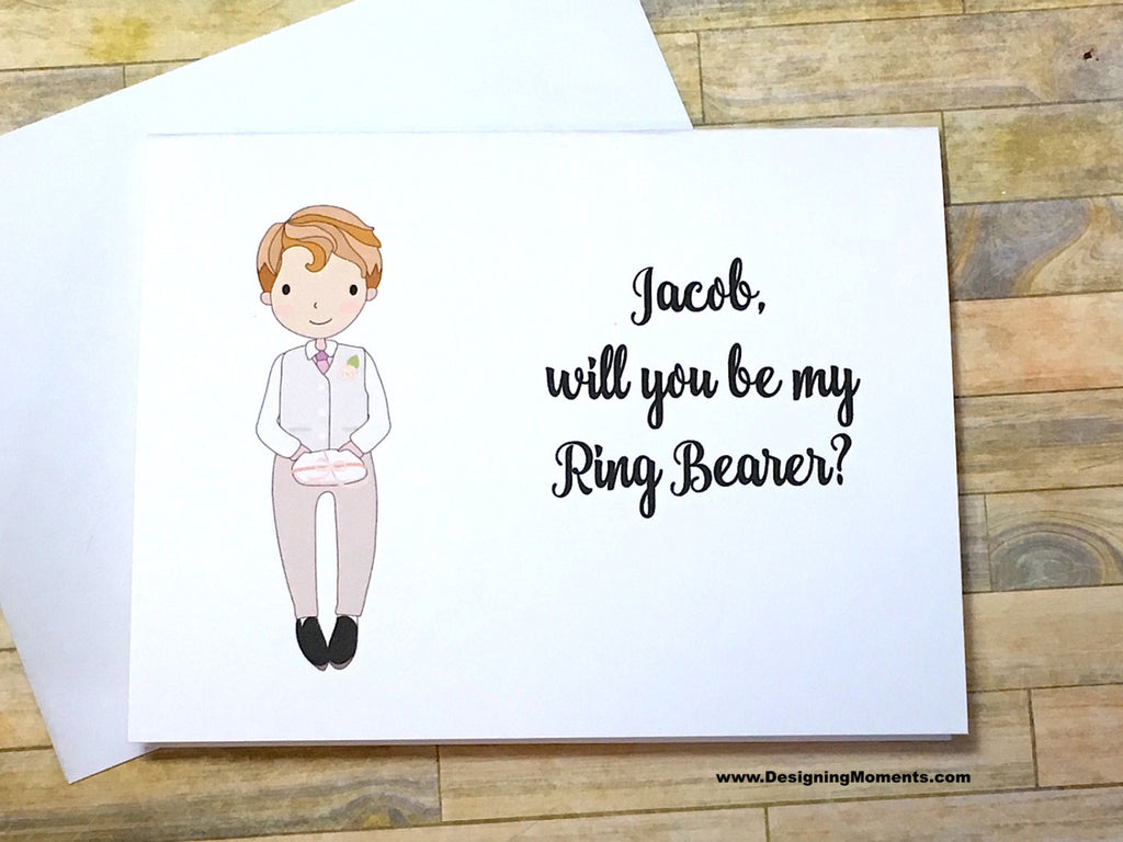Ring Bearer in White Suit Personalized Proposal Card
