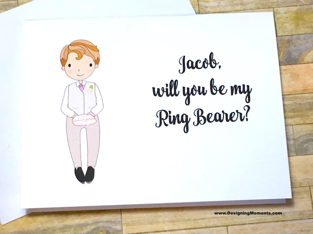 Ring Bearer in White Suit Personalized Proposal Card