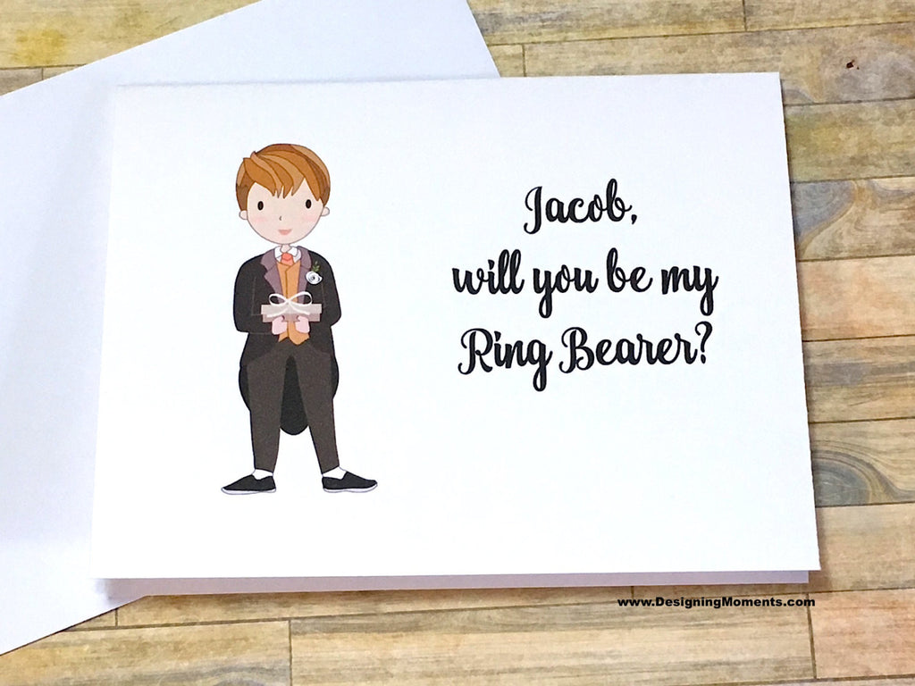 Ring Bearer in Black Tux Personalized Proposal Card