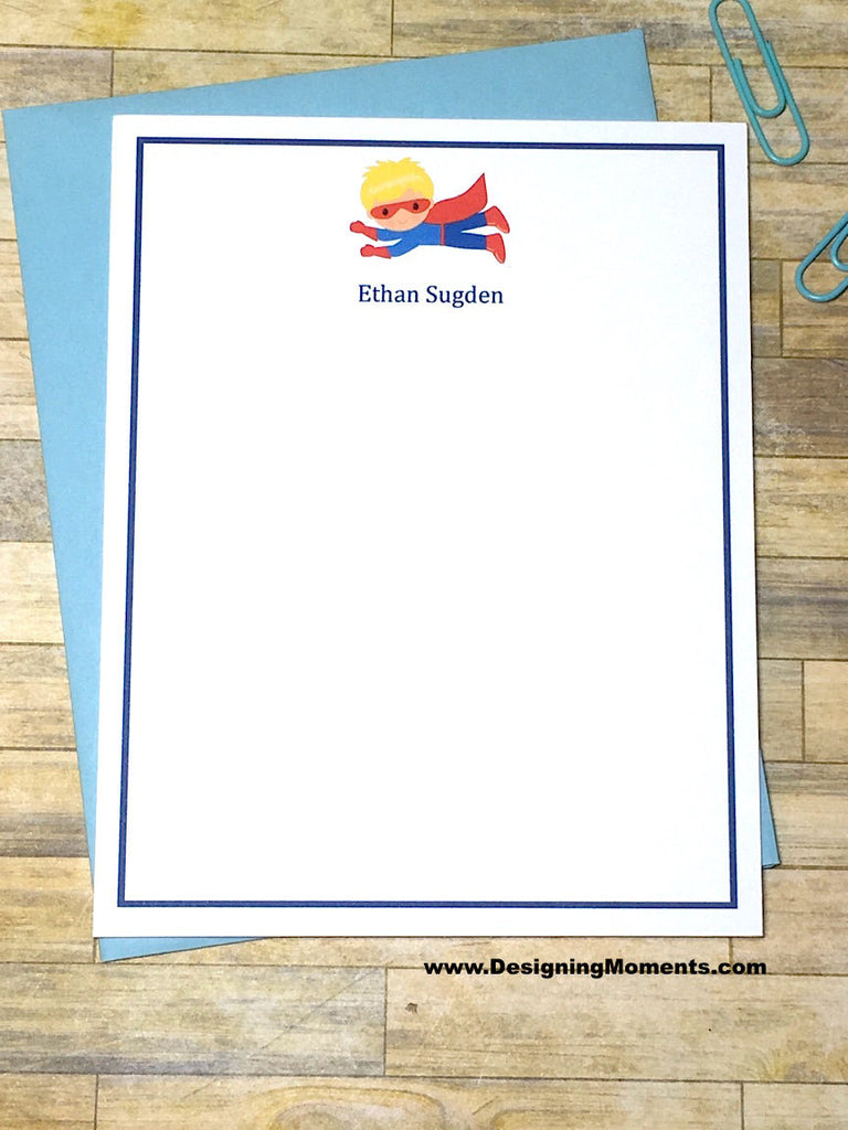 Super Hero Boys Blue and Red Personalized Note Cards