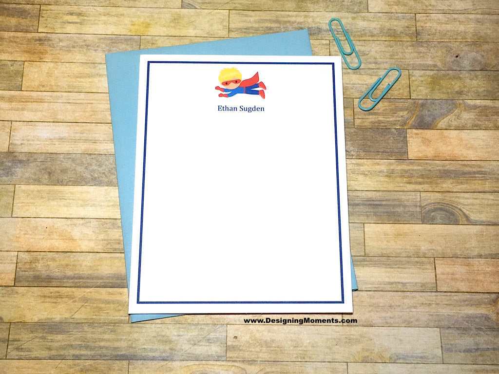 Super Hero Boys Blue and Red Personalized Note Cards
