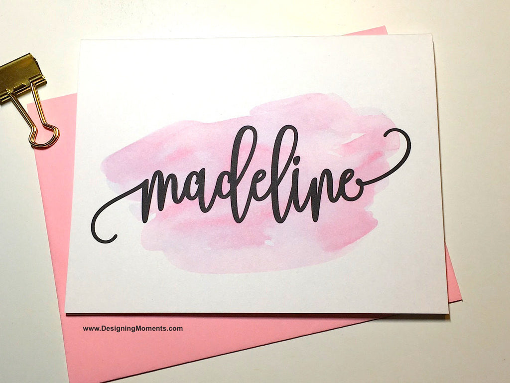 Flourish Calligraphy Note Cards on Watercolor Background