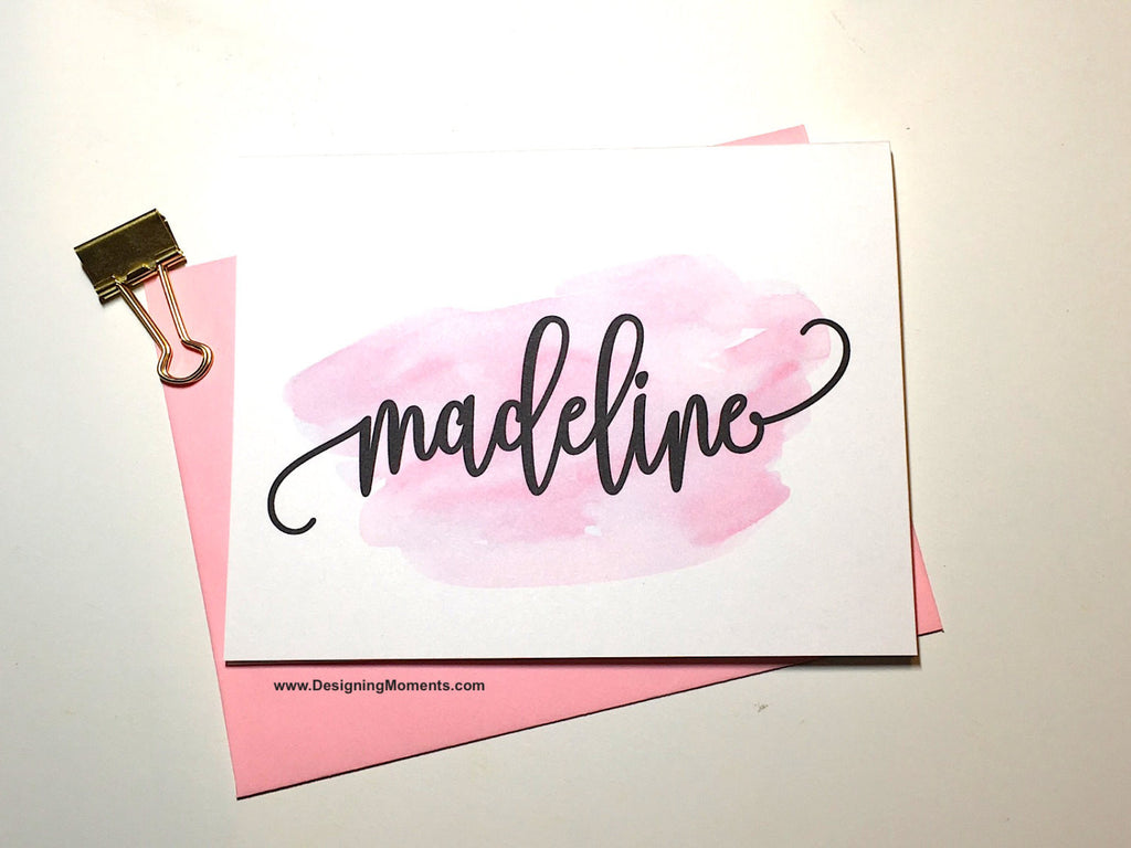 Flourish Calligraphy Note Cards on Watercolor Background