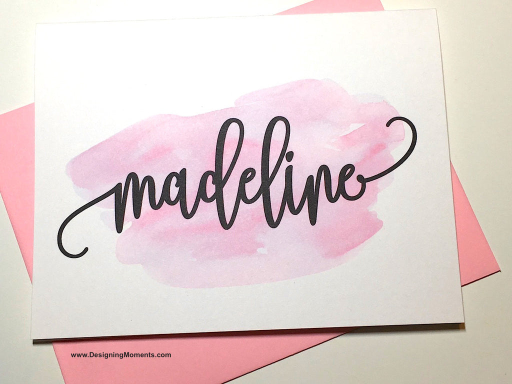 Flourish Calligraphy Note Cards on Watercolor Background