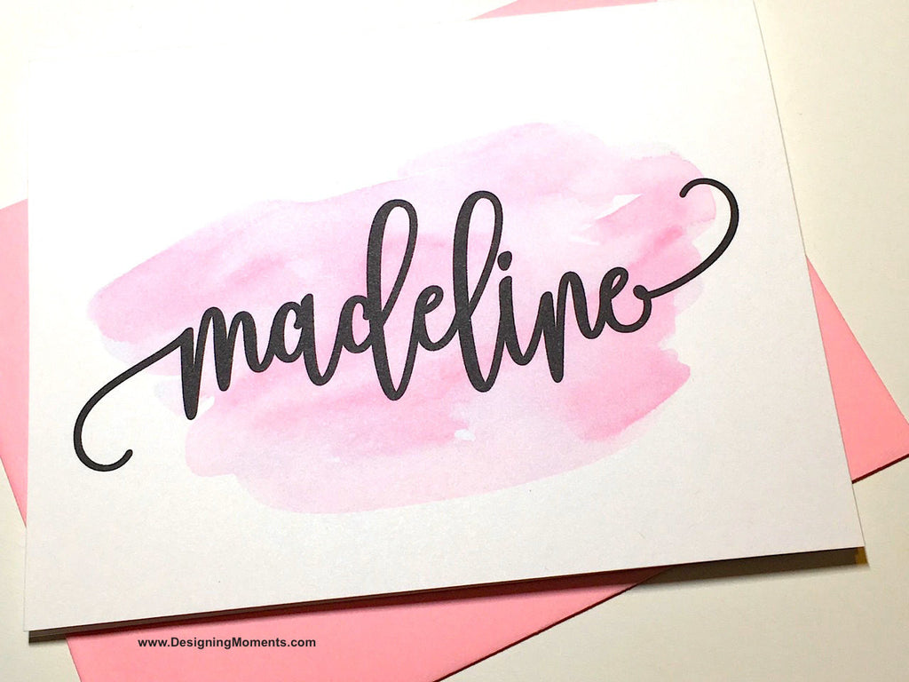 Flourish Calligraphy Note Cards on Watercolor Background