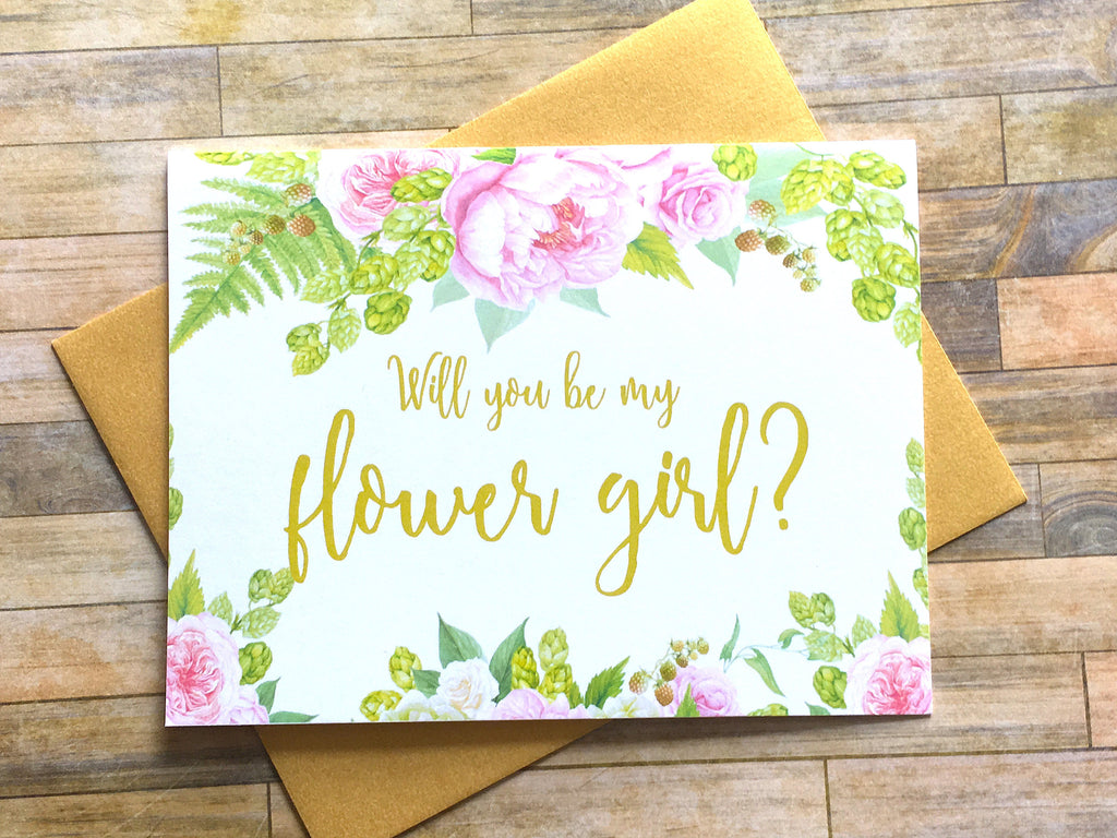 Gold and Pink Flower Girl Proposal Card