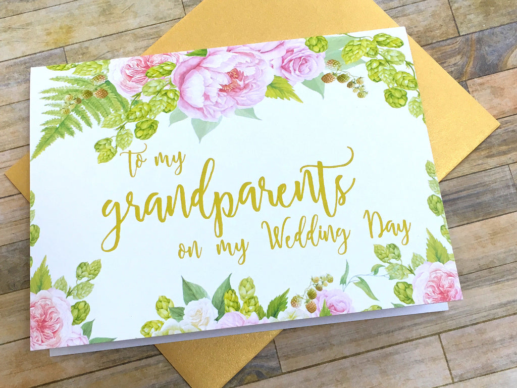 To My Grandparents on My Wedding Day Card Gold and Pink
