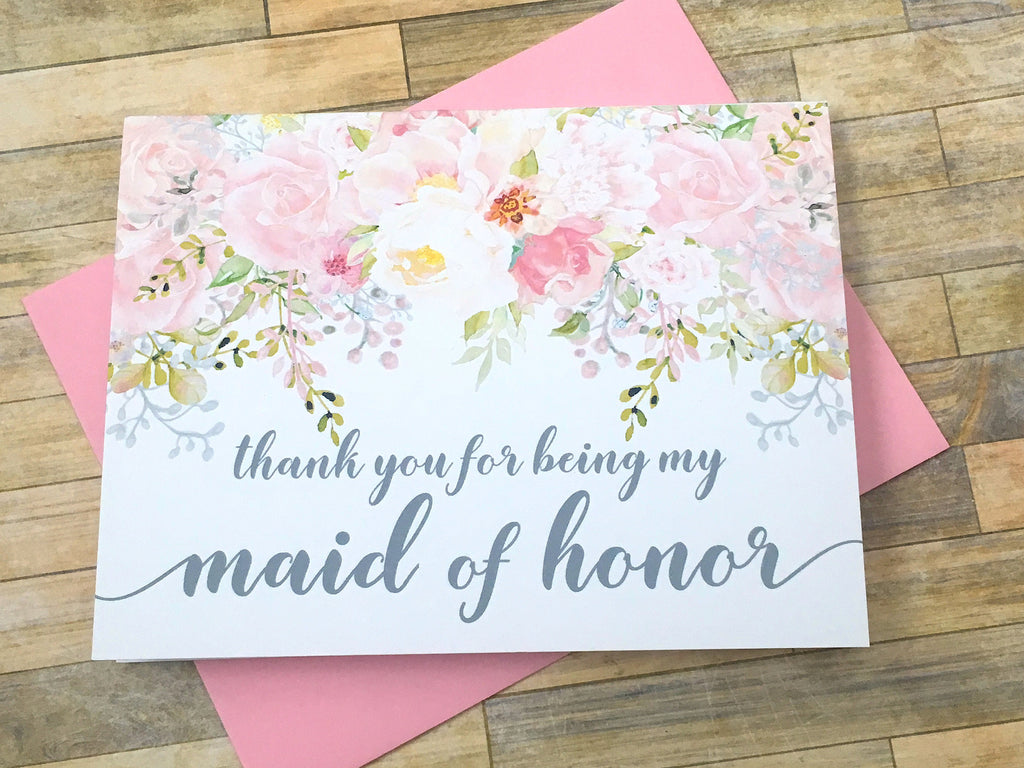 Pink and Grey Thank You for Being My Maid of Honor Card