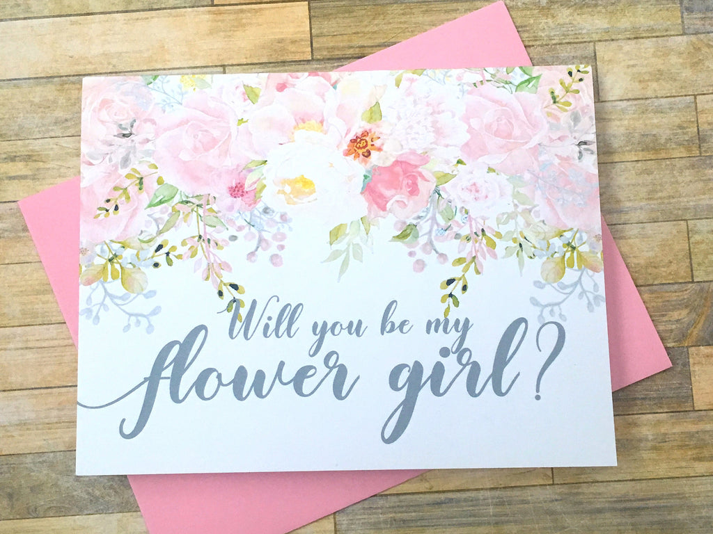 Grey and Pink Flower Girl Proposal Card