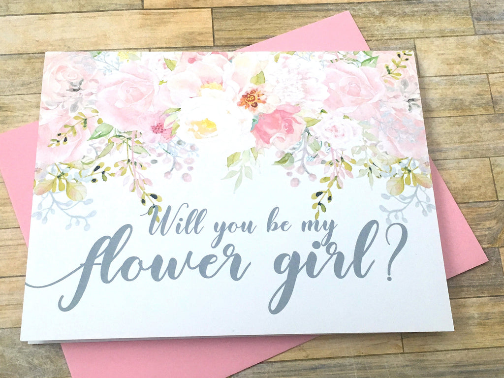 Grey and Pink Flower Girl Proposal Card