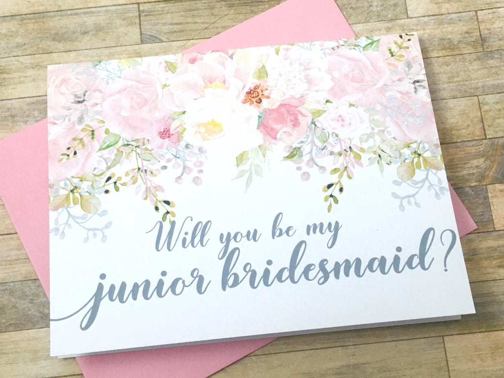 Pink and Grey Will You Be My Junior Bridesmaid Proposal Card