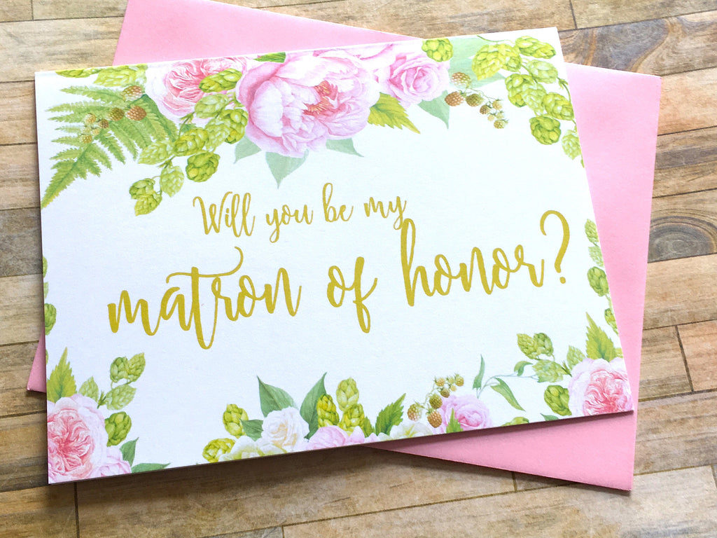 Matron of Honor Proposal Card Gold and Pink