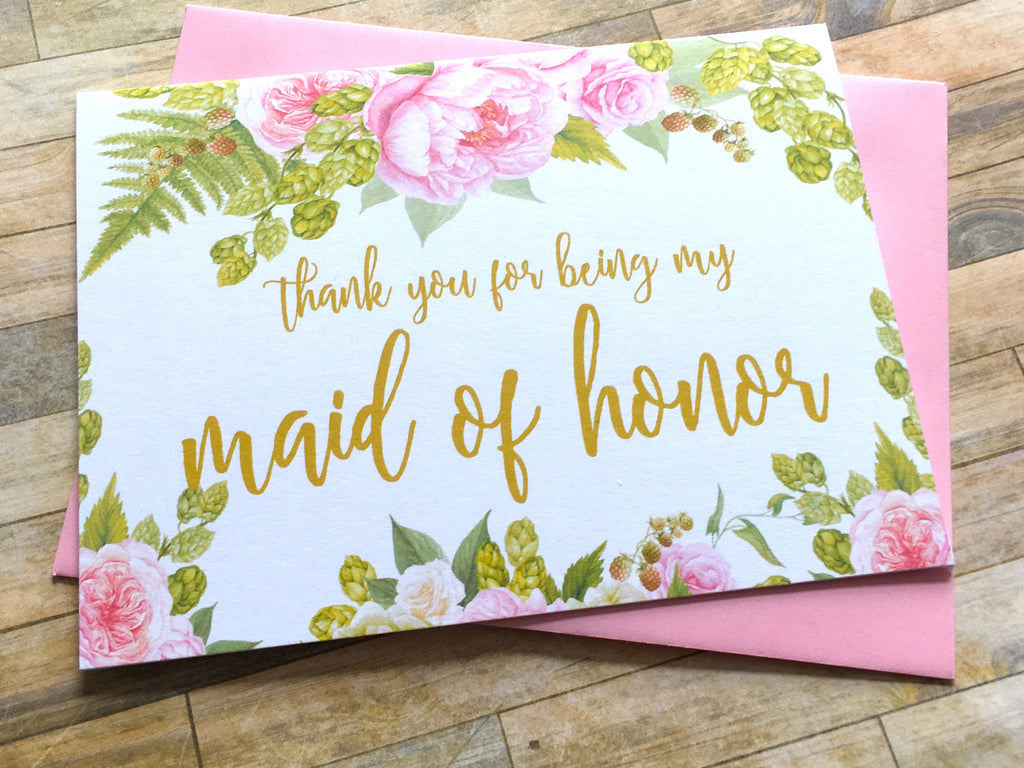 Gold and Pink Thank You for Being My Maid of Honor Card