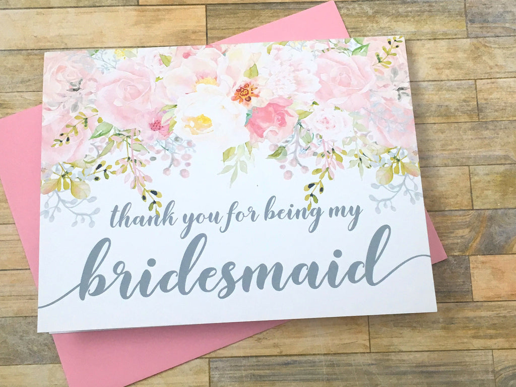 Pink and Grey Thank You For Being My Bridesmaid Card