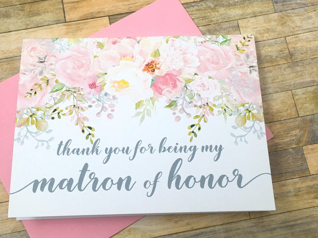 Pink and Grey Matron of Honor Thank You Card