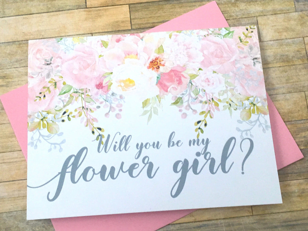 Grey and Pink Flower Girl Proposal Card