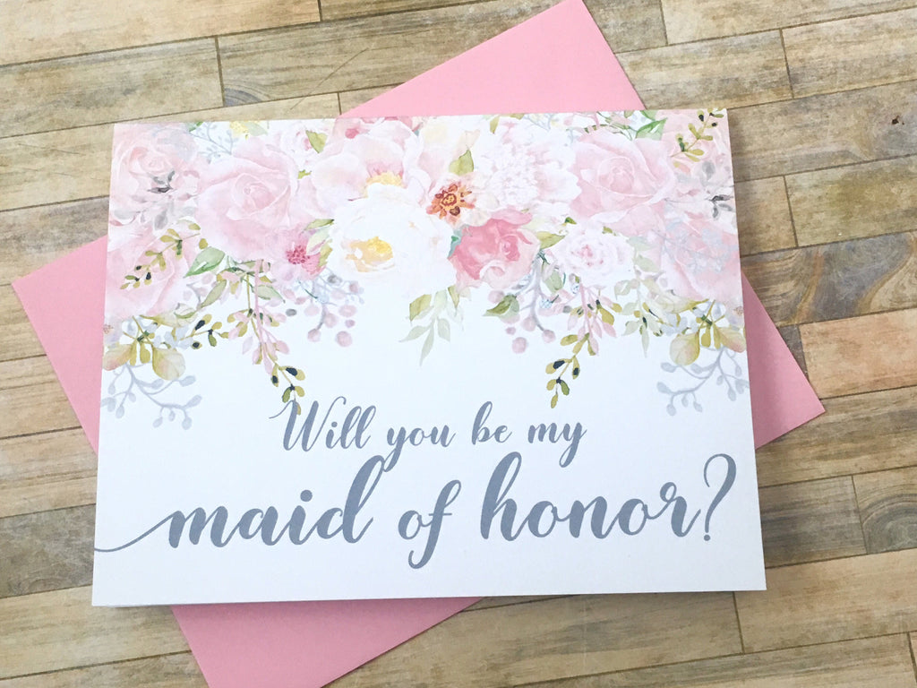Grey and Pink Maid of Honor Proposal Card