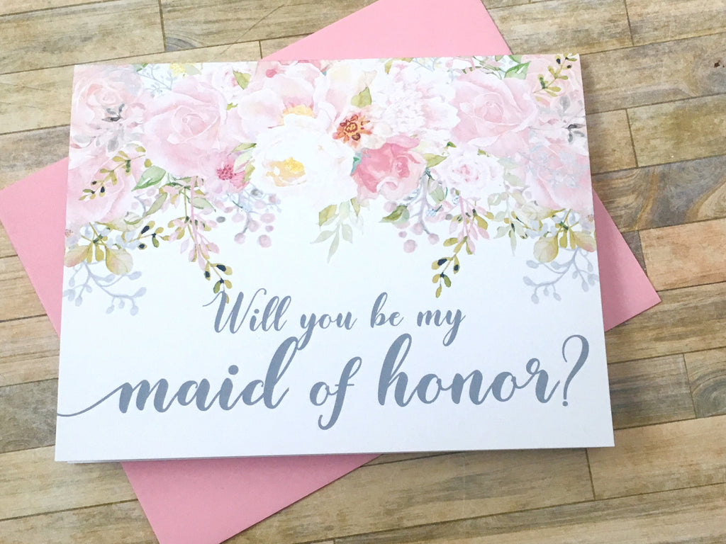 Grey and Pink Maid of Honor Proposal Card