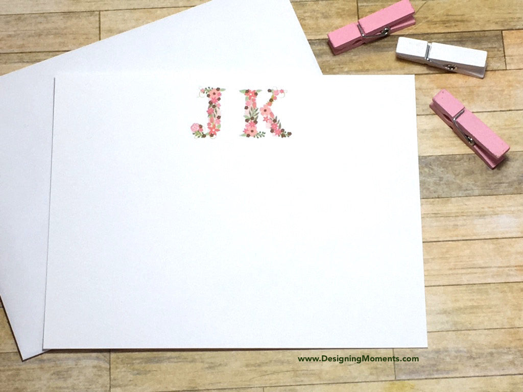 Pink Floral Monogram Personalized Flat Cards