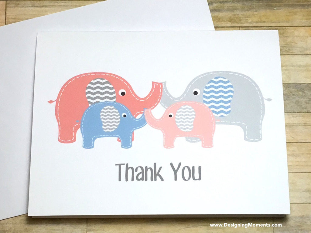 Twin Boy Girl Elephants Thank You Cards