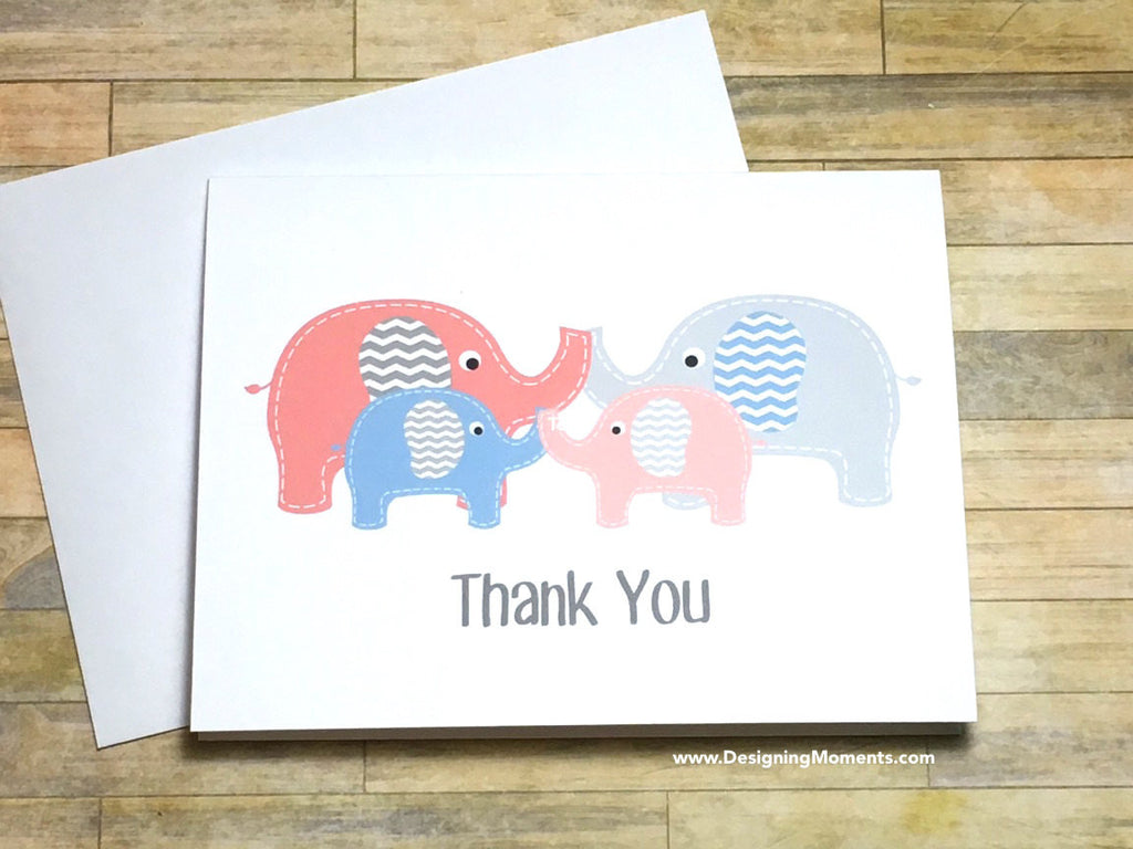 Twin Boy Girl Elephants Thank You Cards
