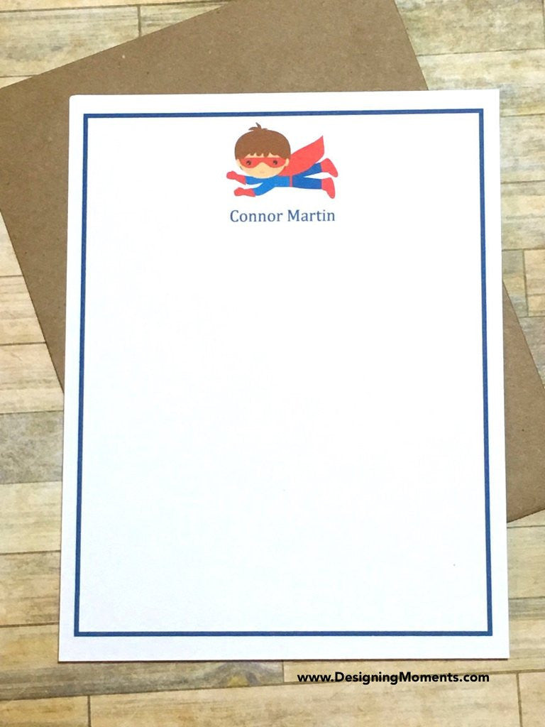 Super Hero Boys Blue and Red Personalized Note Cards