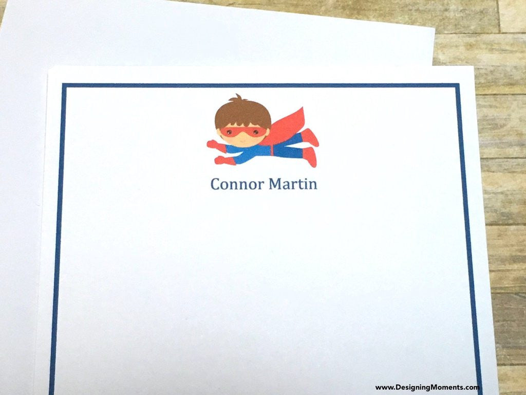 Super Hero Boys Blue and Red Personalized Note Cards