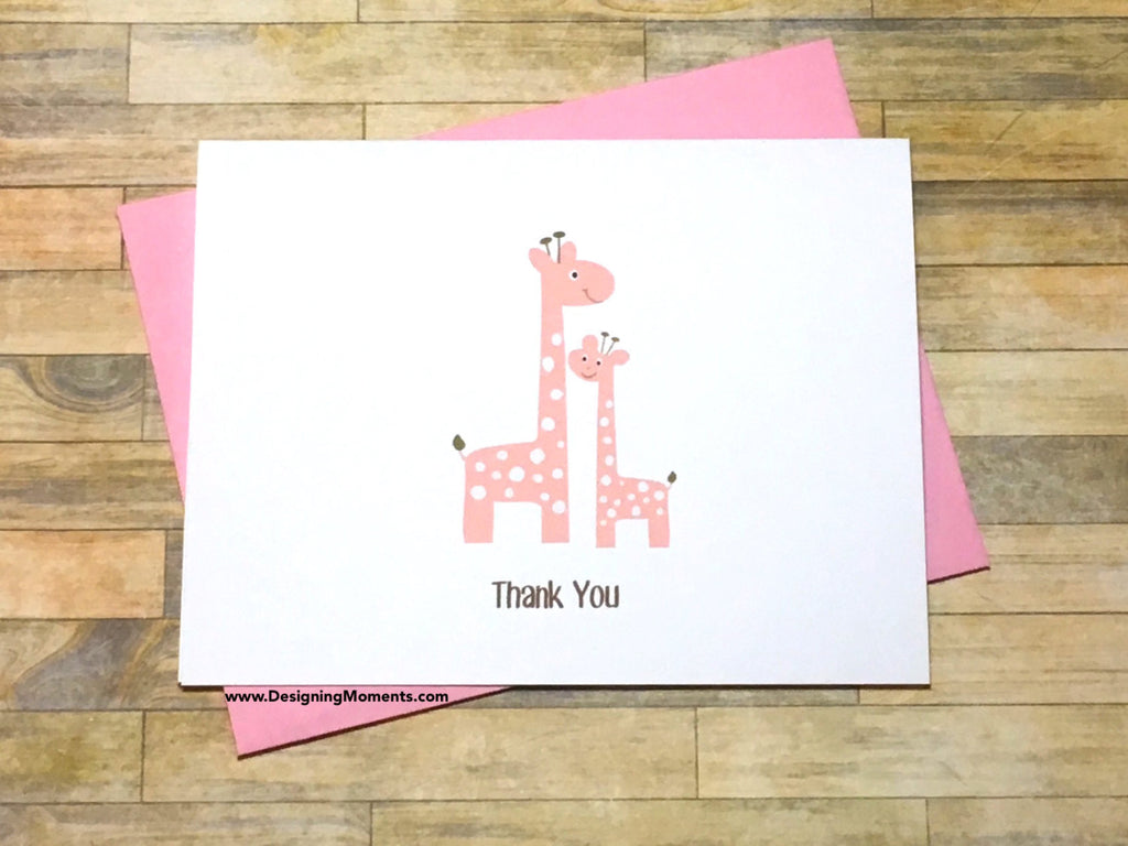 Pink Mommy and Me Giraffe Thank You Cards