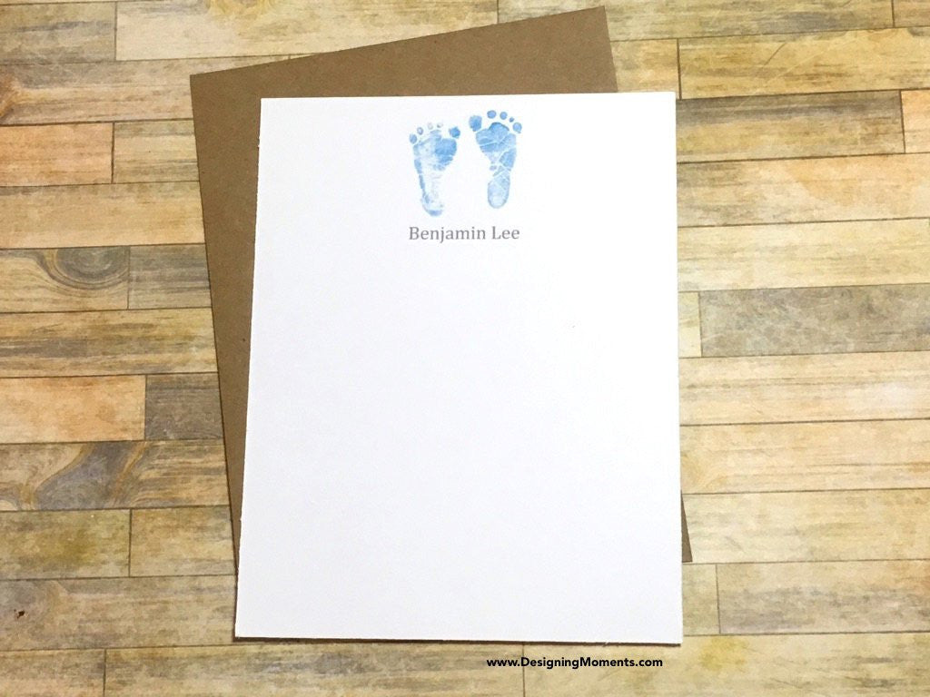 Blue Newborn Baby Footprints Personalized Flat Cards