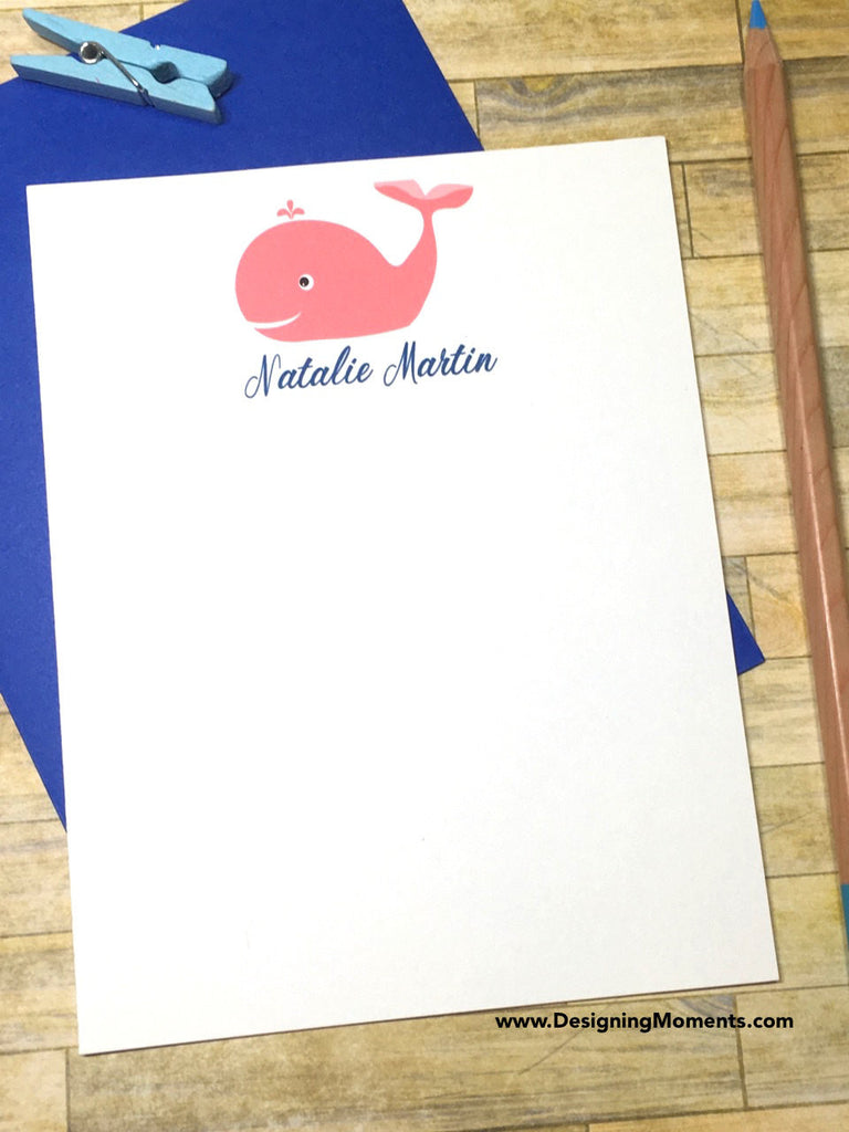 Pink Whale Personalized Note Cards