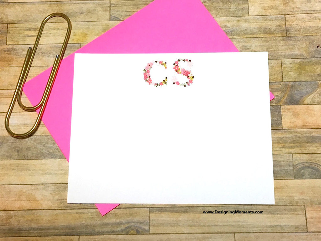 Pink Floral Monogram Personalized Flat Cards