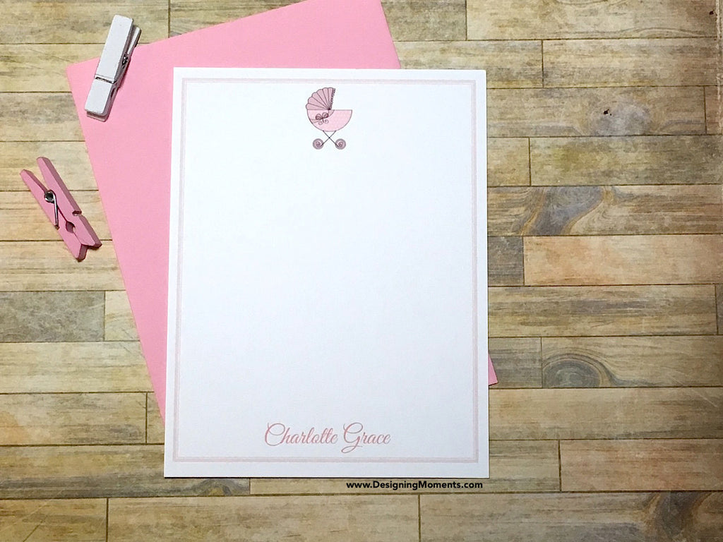 Baby Carriage Personalized Flat Cards Pink