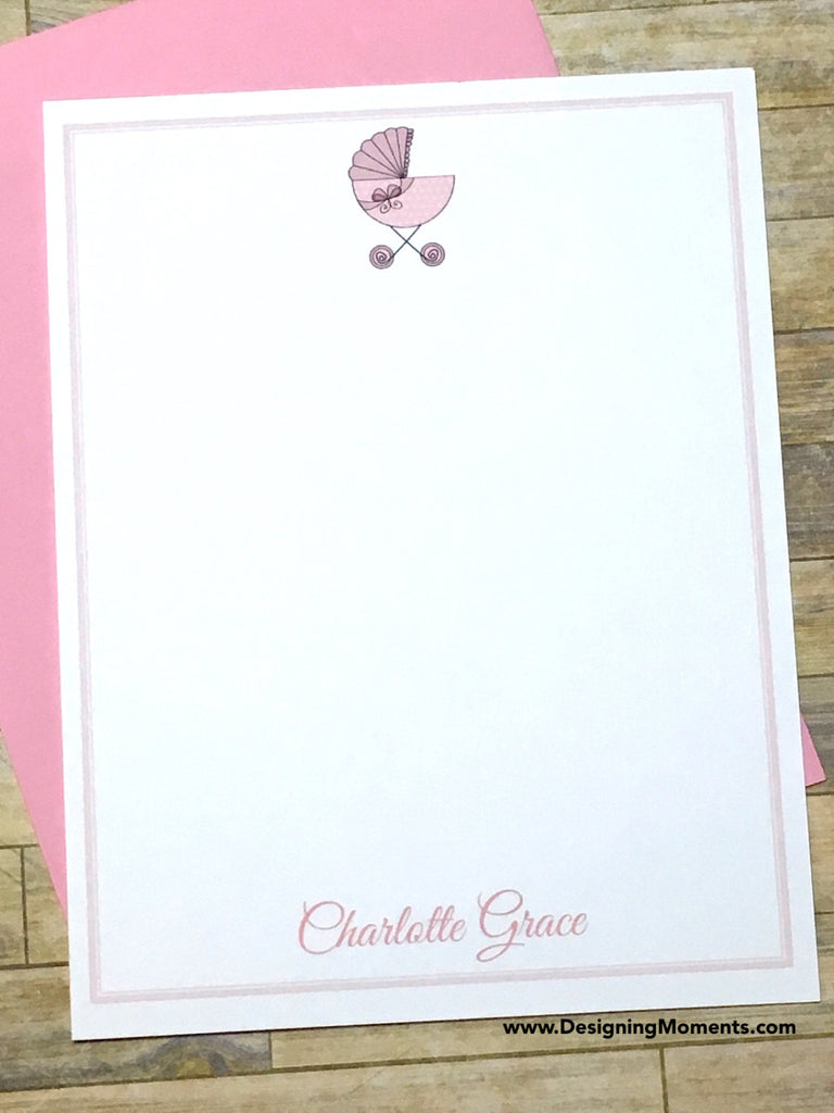 Baby Carriage Personalized Flat Cards Pink
