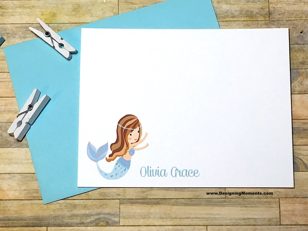 Blue Mermaid Personalized Flat Cards for Girls