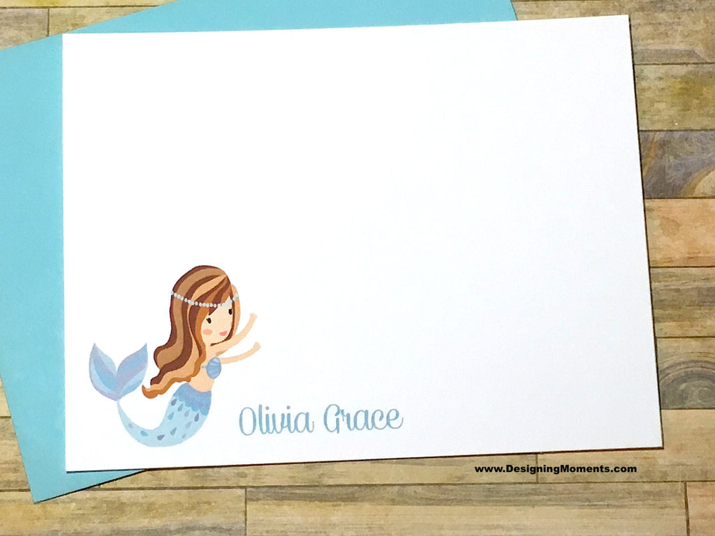 Blue Mermaid Personalized Flat Cards for Girls