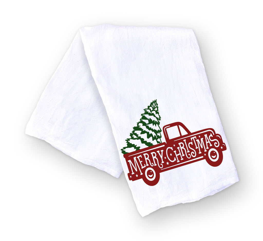 Vintage Red Christmas Truck and Tree Tea Towel