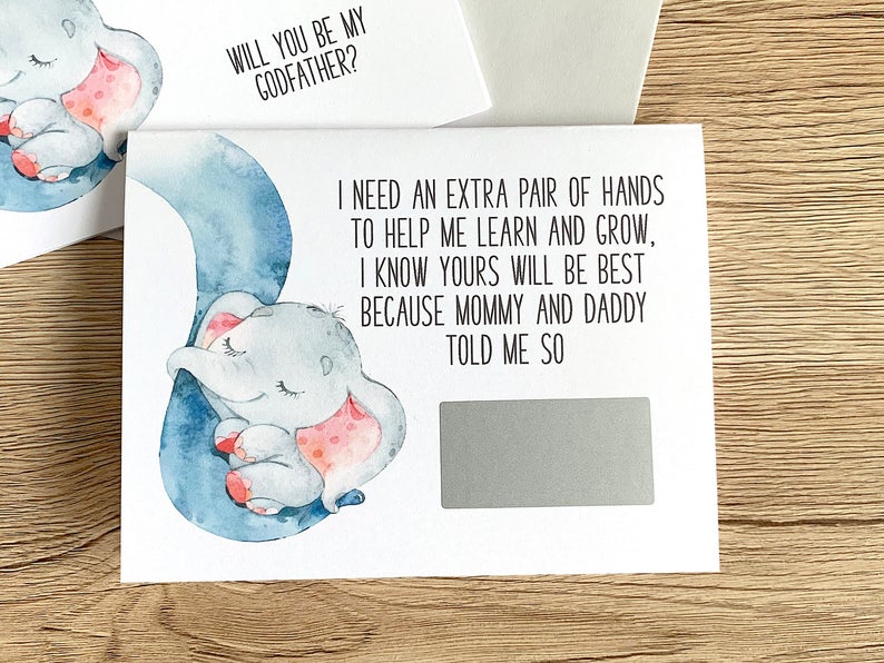 cute illustration of baby elephant with pink ears scratch off godparent proposal card