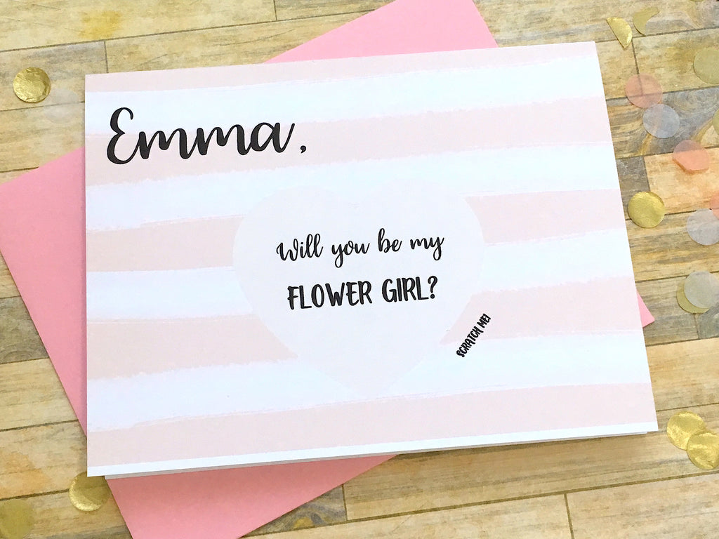Pink Stripes Scratch Off Will You Be My Flower Girl Proposal Card Personalized