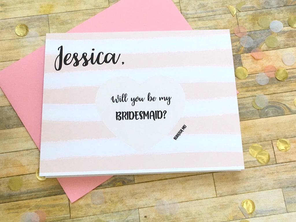 Pink Stripes Scratch Off Will You Be My Bridesmaid Proposal Card Personalized