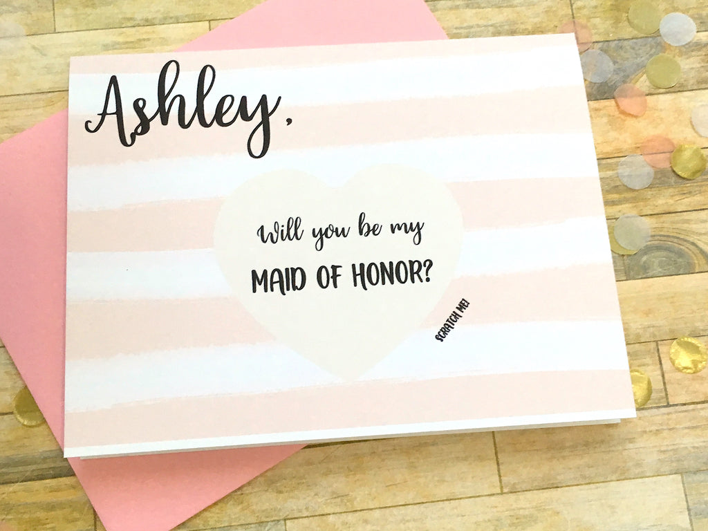 Pink Stripes Scratch Off Will You Be My Maid of Honor Proposal Card Personalized