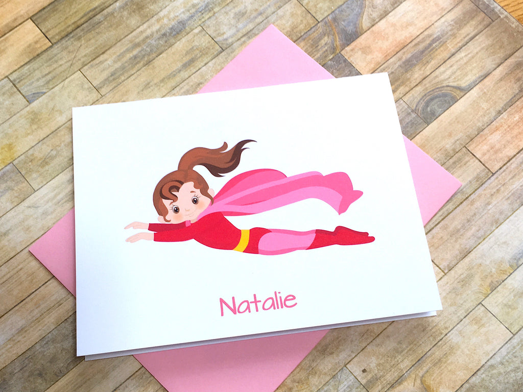 Brunette Super Girl Note Cards - Personalize Hair Color